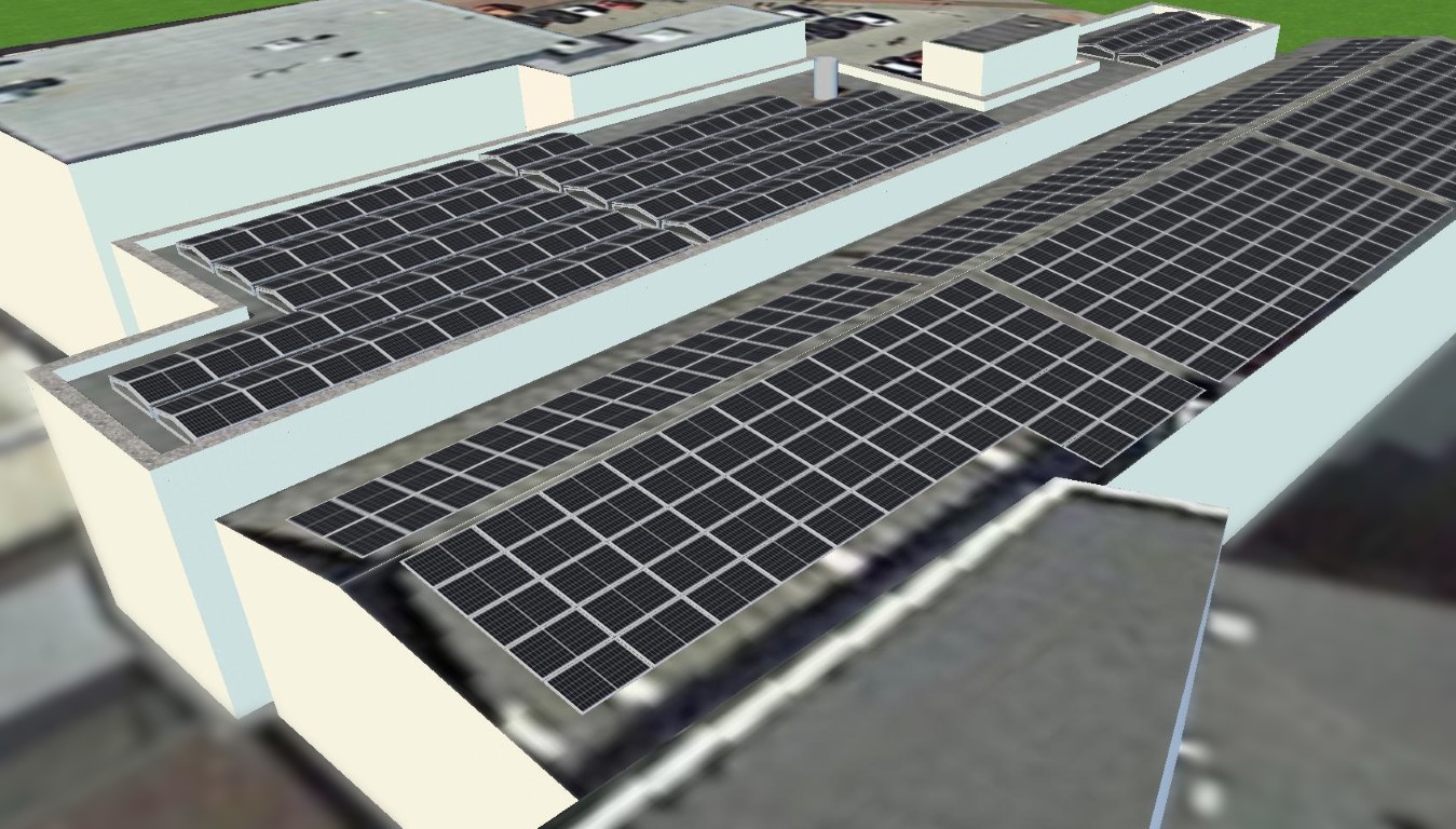 3D-Planung einer Photovoltaikanlage vor der Verschattungsanalyse auf einem Unternehmensgebäude